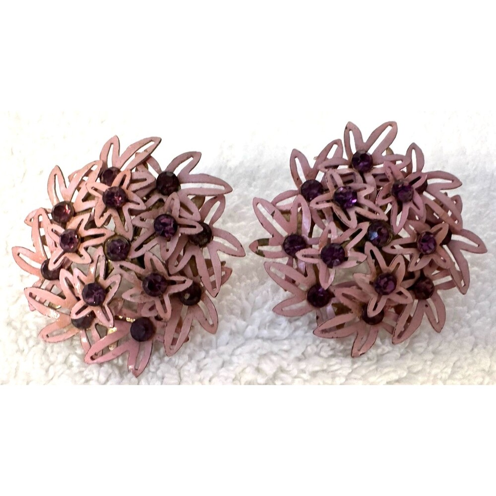 Vtg Pink Enamel Metal Round Floral Rhinestone Clip-on Gold-Tone Earrings 1.75 in